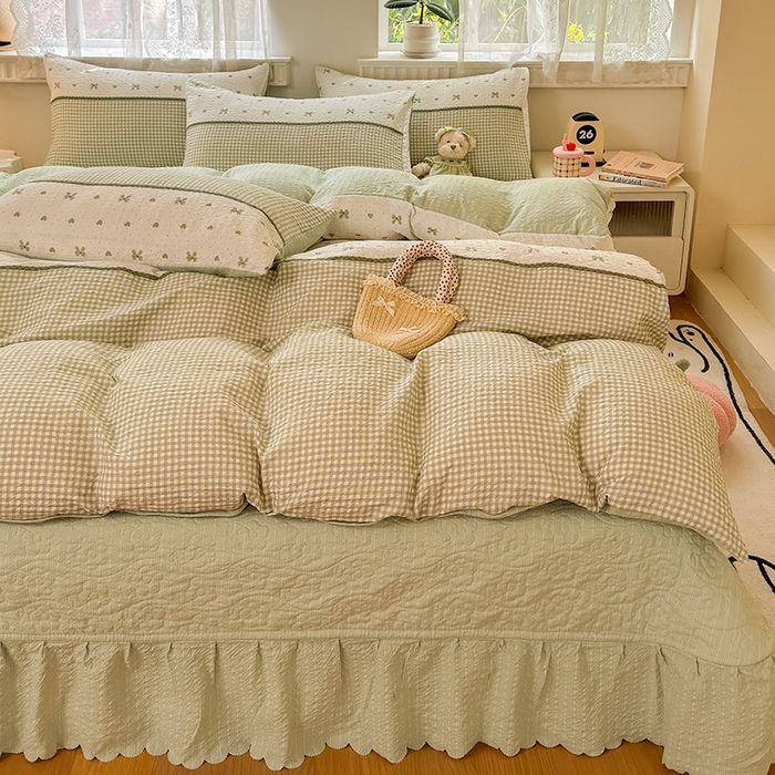 凤杰家纺 2026新款云感双层纱床盖四件套 浅绿格纹