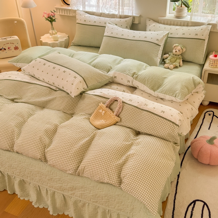 91家纺网 家纺一手货源 找家纺 凤杰家纺 2026新款云感双层纱床盖四件套 浅绿格纹