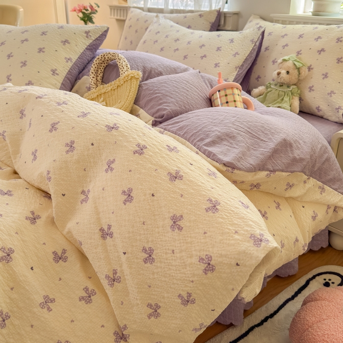 91家纺网 家纺一手货源 找家纺 凤杰家纺 2026新款云感双层纱床盖四件套 紫韵蝴蝶结