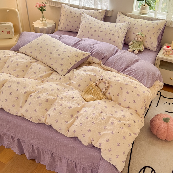 91家纺网 家纺一手货源 找家纺 凤杰家纺 2026新款云感双层纱床盖四件套 紫韵蝴蝶结