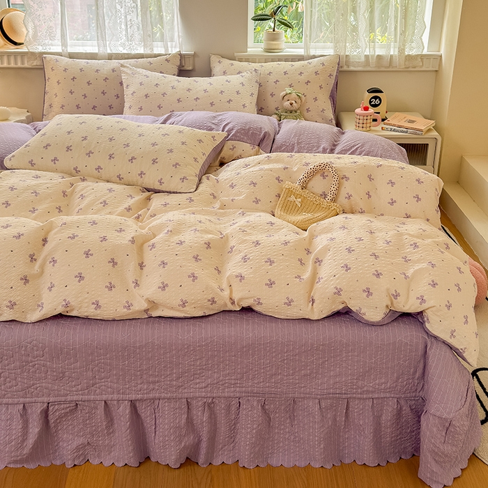 凤杰家纺 2026新款云感双层纱床盖四件套 紫韵蝴蝶结