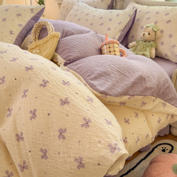 91家纺网 家纺一手货源 找家纺 凤杰家纺 2026新款云感双层纱床盖四件套 紫韵蝴蝶结