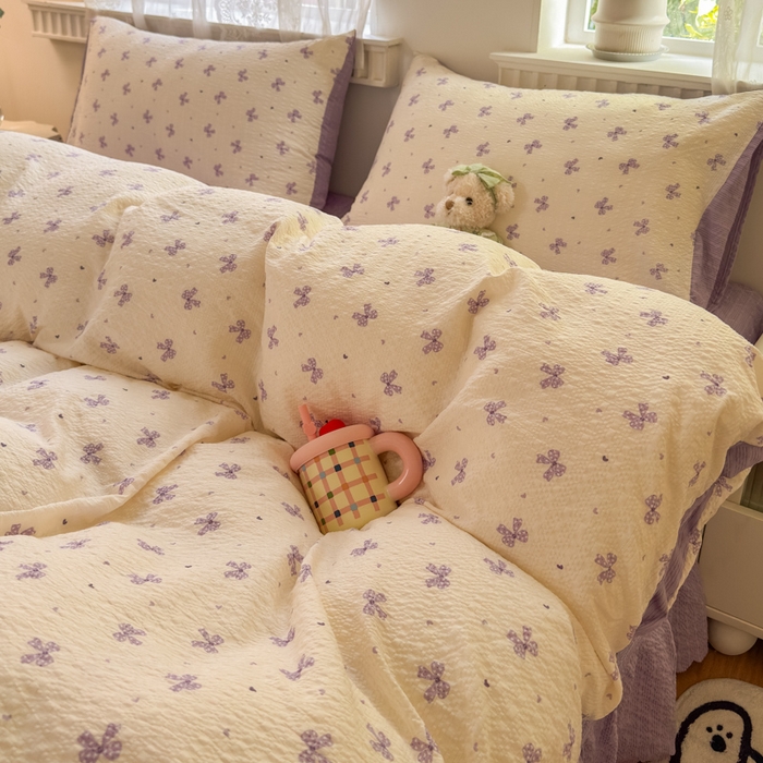 91家纺网 家纺一手货源 找家纺 凤杰家纺 2026新款云感双层纱床盖四件套 紫韵蝴蝶结