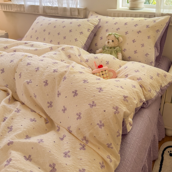 91家纺网 家纺一手货源 找家纺 凤杰家纺 2026新款云感双层纱床盖四件套 紫韵蝴蝶结