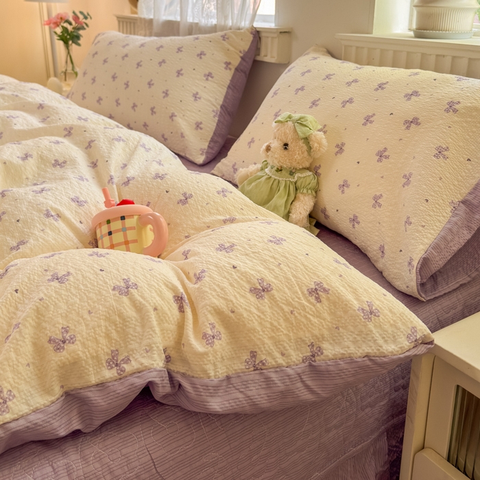 91家纺网 家纺一手货源 找家纺 凤杰家纺 2026新款云感双层纱床盖四件套 紫韵蝴蝶结