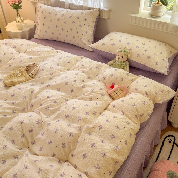 91家纺网 家纺一手货源 找家纺 凤杰家纺 2026新款云感双层纱床盖四件套 紫韵蝴蝶结