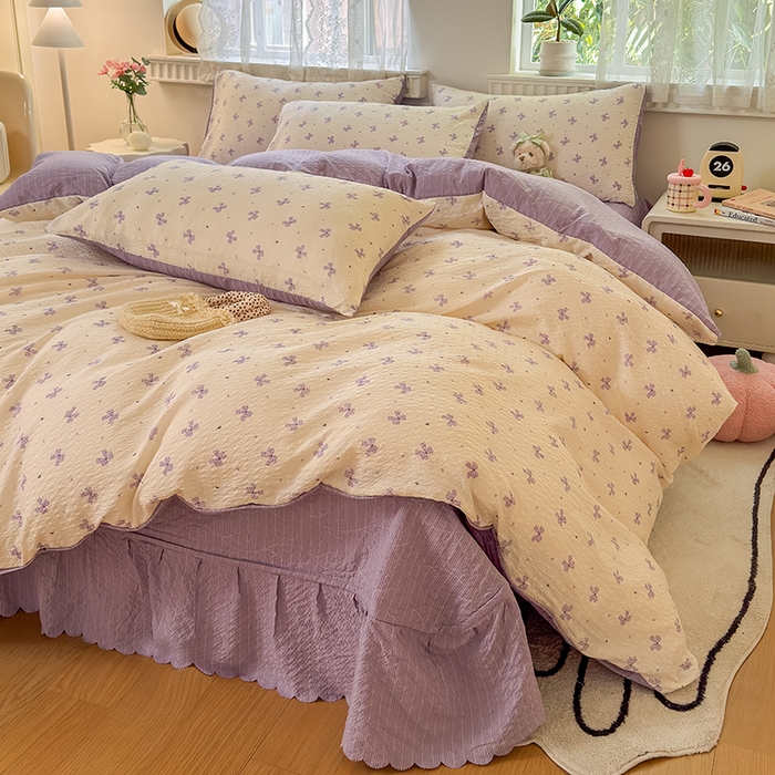 91家纺网 家纺一手货源 找家纺 凤杰家纺 2026新款云感双层纱床盖四件套 紫韵蝴蝶结