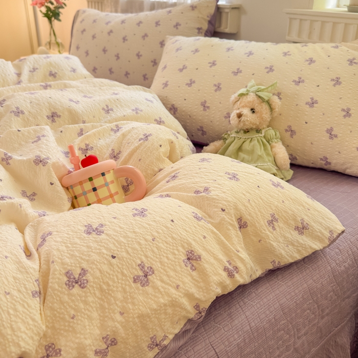 91家纺网 家纺一手货源 找家纺 凤杰家纺 2026新款云感双层纱床盖四件套 紫韵蝴蝶结