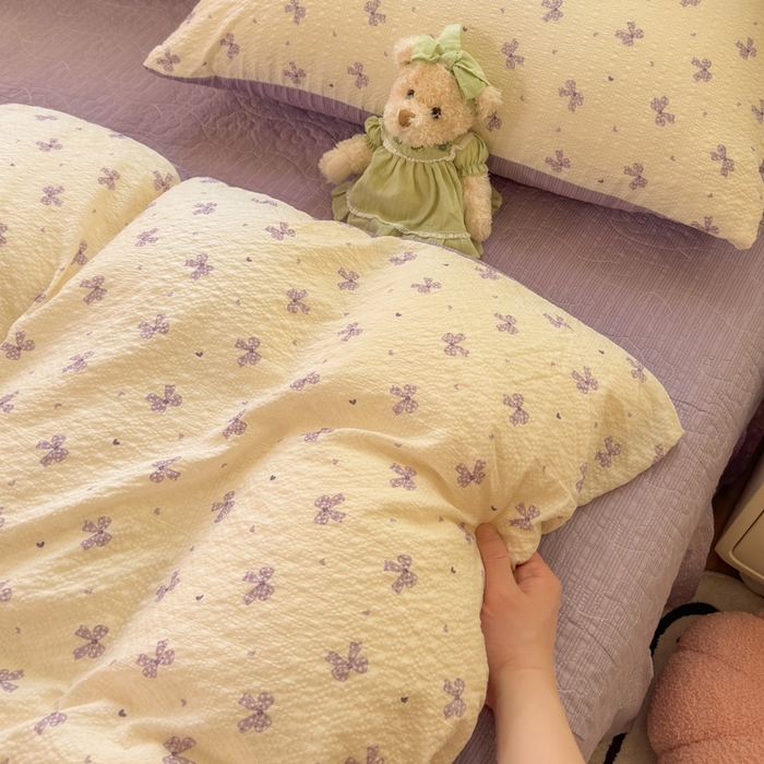 91家纺网 家纺一手货源 找家纺 凤杰家纺 2026新款云感双层纱床盖四件套 紫韵蝴蝶结