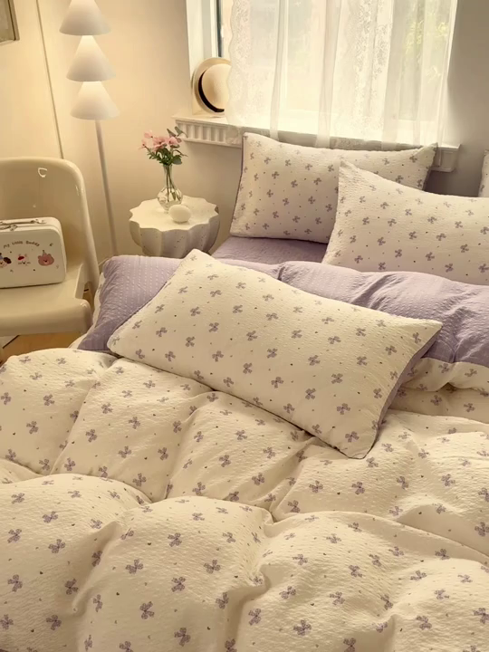 91家纺网 家纺一手货源 找家纺 凤杰家纺 2026新款云感双层纱床盖四件套 紫韵蝴蝶结