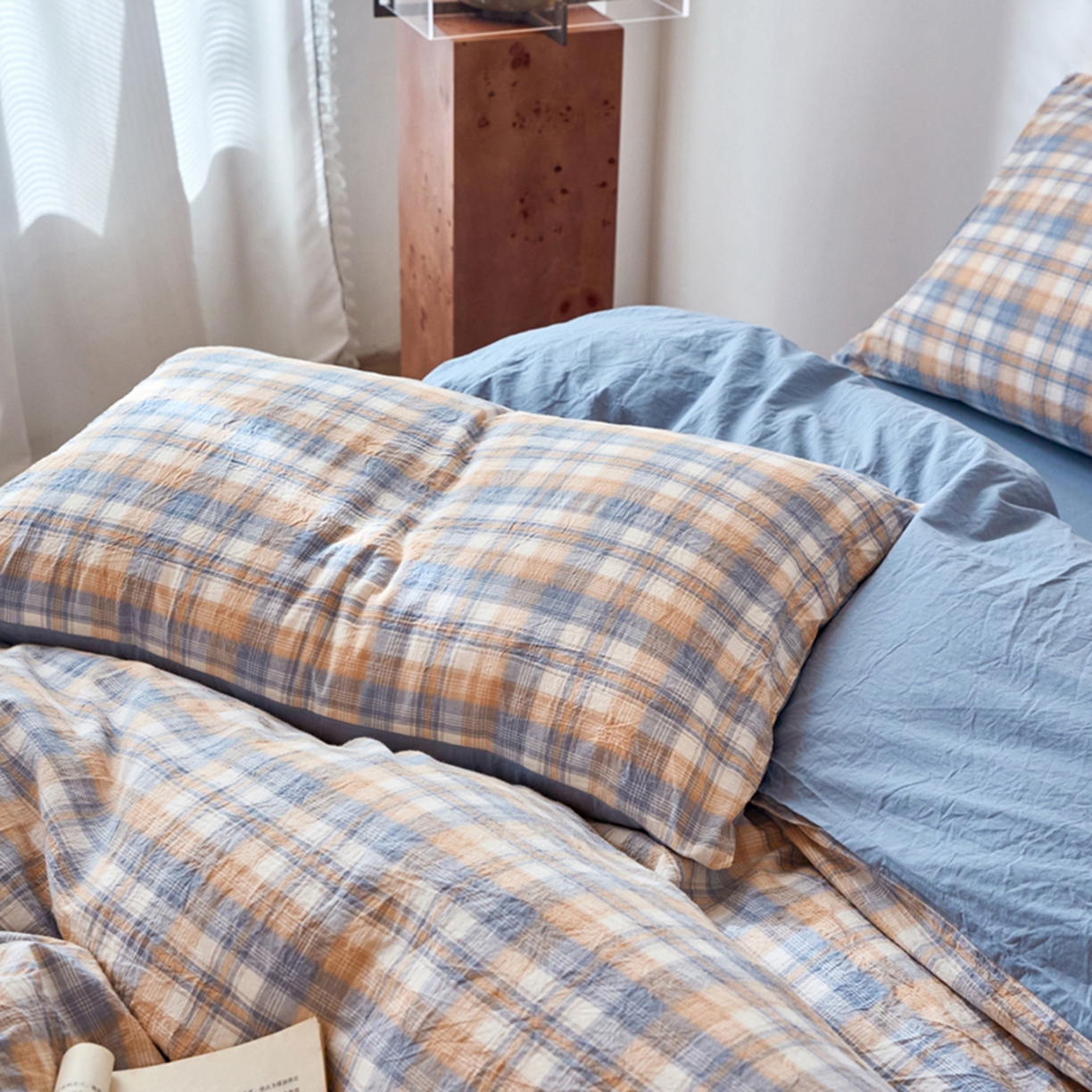 91家纺网 家纺一手货源 找家纺 春皖家纺 2026春夏新款全棉水洗棉单枕套枕套单件单品枕套 翠竹-蓝格