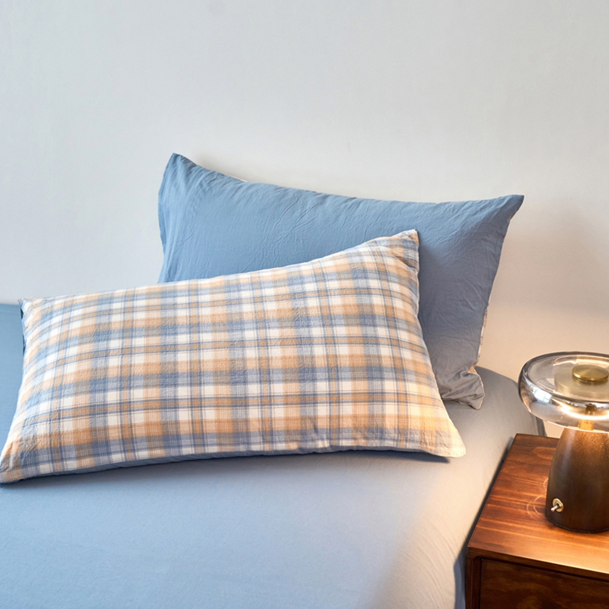 91家纺网 家纺一手货源 找家纺 春皖家纺 2026春夏新款全棉水洗棉单枕套枕套单件单品枕套 翠竹-蓝格