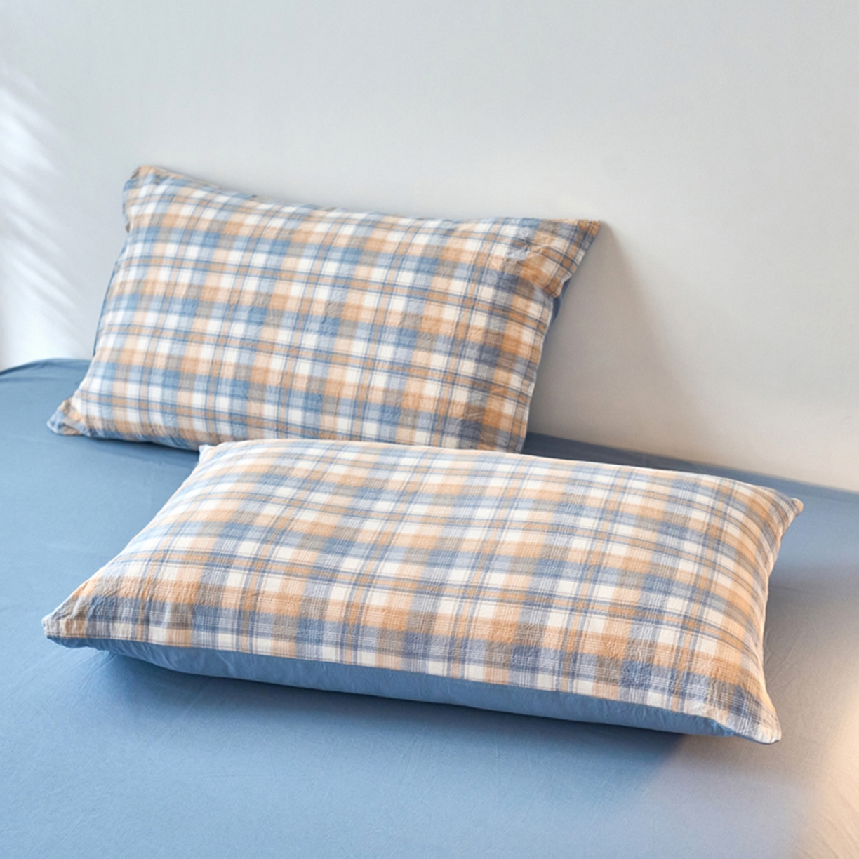 91家纺网 家纺一手货源 找家纺 春皖家纺 2026春夏新款全棉水洗棉单枕套枕套单件单品枕套 翠竹-蓝格