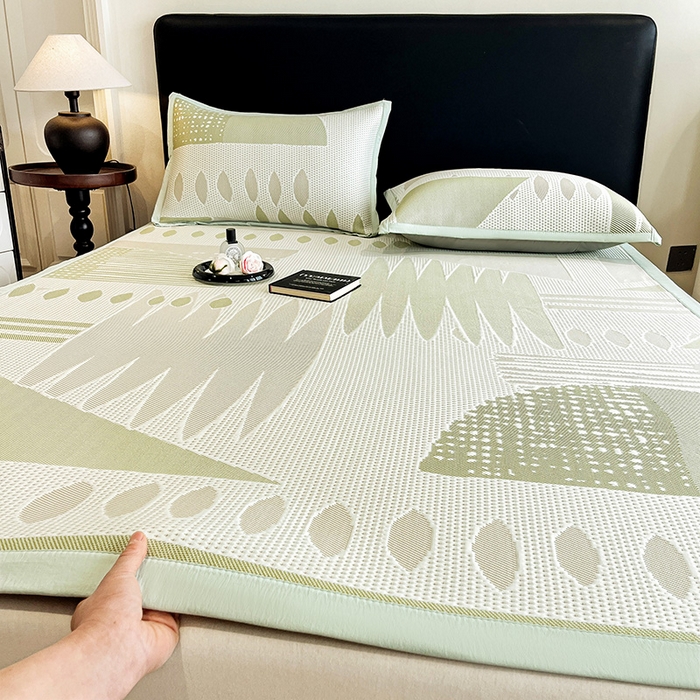 91家纺网 家纺一手货源 找家纺 雅诗帛 2026新款PE凉感丝凉席三件套-几何 几何-绿