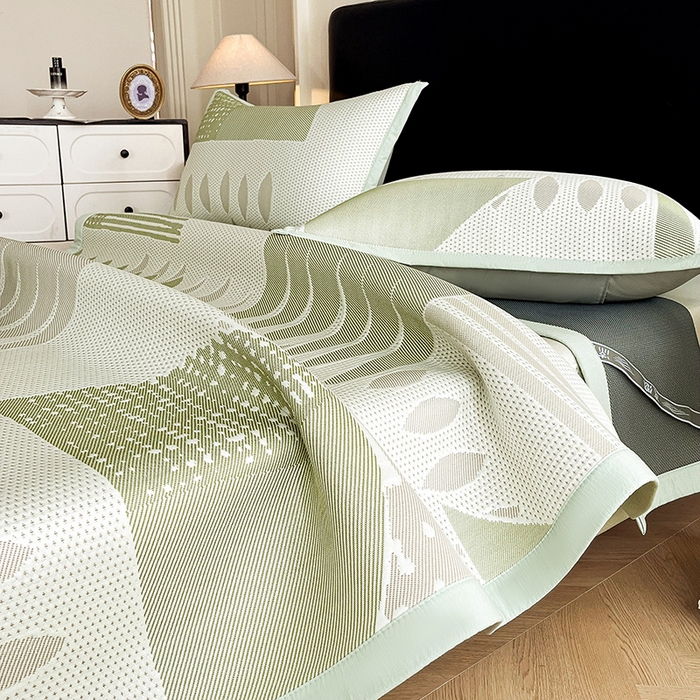 91家纺网 家纺一手货源 找家纺 雅诗帛 2026新款PE凉感丝凉席三件套-几何 几何-绿