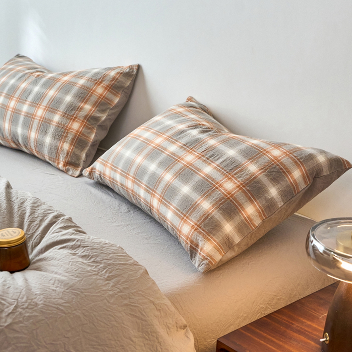 91家纺网 家纺一手货源 找家纺 春皖家纺 2026春夏新款全棉水洗棉单枕套枕套单件单品枕套 栗木-咖格