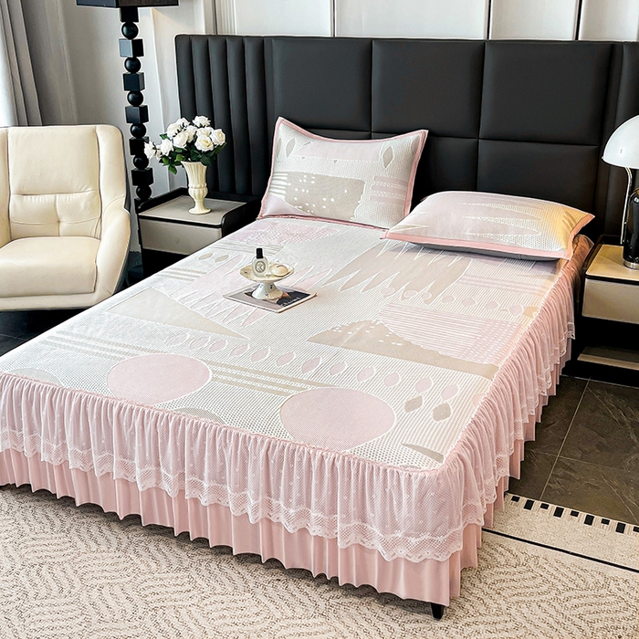 91家纺网 家纺一手货源 找家纺 （总）雅诗帛 2026新款凉感丝PE凉感床裙款凉席三件套-几何系列