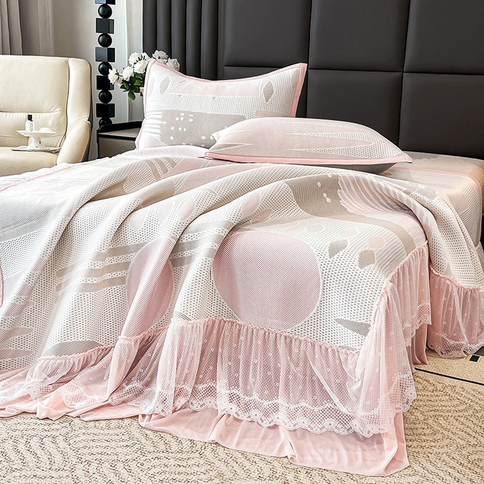 91家纺网 家纺一手货源 找家纺 （总）雅诗帛 2026新款凉感丝PE凉感床裙款凉席三件套-几何系列