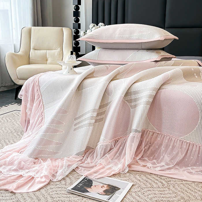 91家纺网 家纺一手货源 找家纺 （总）雅诗帛 2026新款凉感丝PE凉感床裙款凉席三件套-几何系列