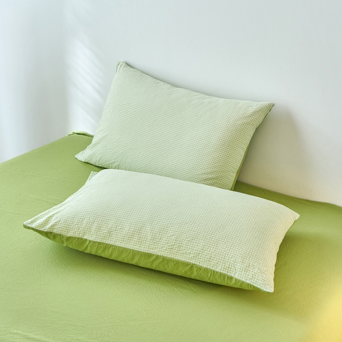 91家纺网 家纺一手货源 找家纺 春皖家纺 2026春夏新款全棉水洗棉单枕套枕套单件单品枕套 嫩绿格