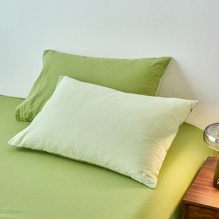 91家纺网 家纺一手货源 找家纺 春皖家纺 2026春夏新款全棉水洗棉单枕套枕套单件单品枕套 嫩绿格