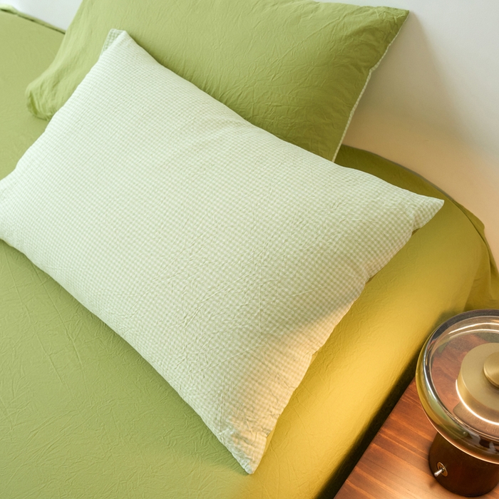 91家纺网 家纺一手货源 找家纺 春皖家纺 2026春夏新款全棉水洗棉单枕套枕套单件单品枕套 嫩绿格