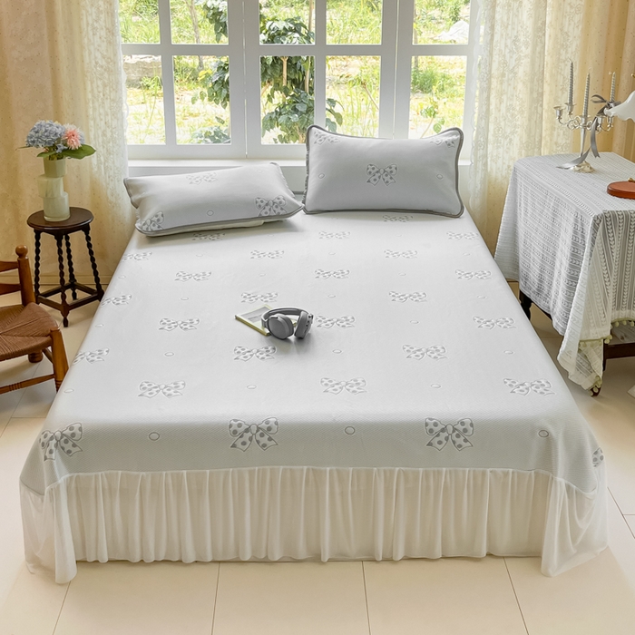 悦织湾家纺 2026新款提花凉豆豆凉席三件套夏季3D豆豆席冰爽席子床裙款蝴蝶结小熊系列 床裙款-蝴蝶结灰