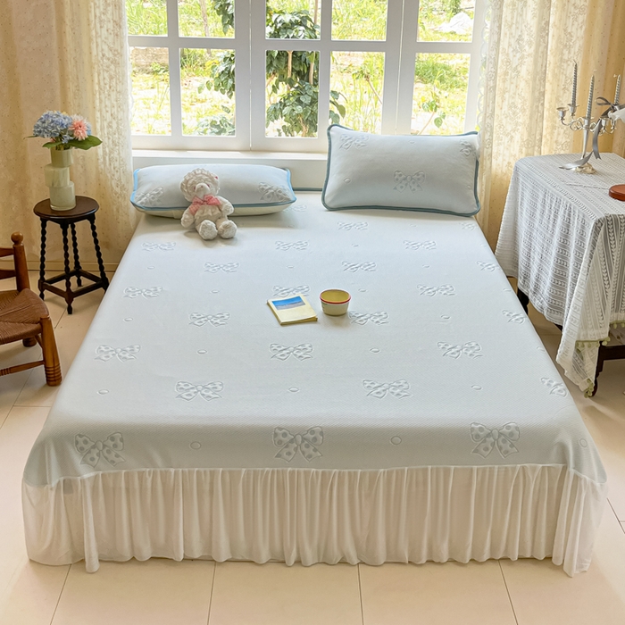 悦织湾家纺 2026新款提花凉豆豆凉席三件套夏季3D豆豆席冰爽席子床裙款蝴蝶结小熊系列 床裙款-蝴蝶结蓝