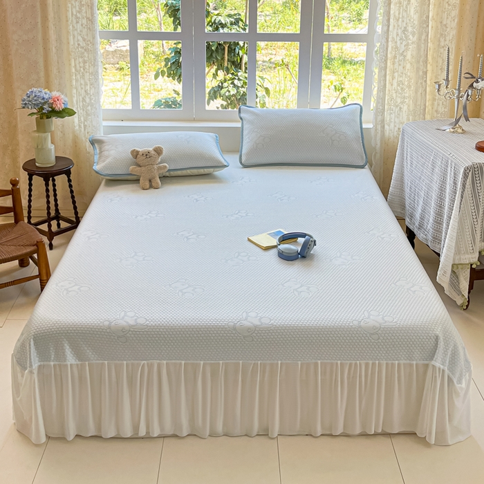 悦织湾家纺 2026新款提花凉豆豆凉席三件套夏季3D豆豆席冰爽席子床裙款蝴蝶结小熊系列 床裙款-暴力熊蓝