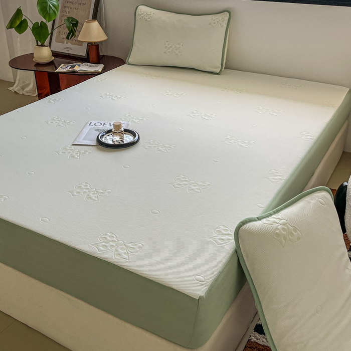 91家纺网 家纺一手货源 找家纺 悦织湾家纺 2026新款提花凉豆豆凉席三件套夏季3D豆豆席冰爽席子床笠款蝴蝶结小熊系列 蝴蝶结绿