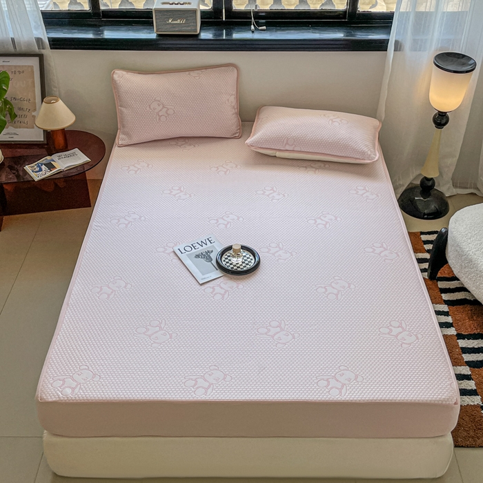 悦织湾家纺 2026新款提花凉豆豆凉席三件套夏季3D豆豆席冰爽席子床笠款蝴蝶结小熊系列 暴力熊粉