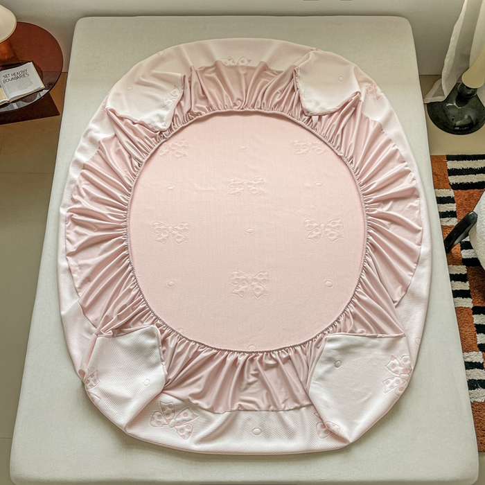 91家纺网 家纺一手货源 找家纺 悦织湾家纺 2026新款提花凉豆豆凉席三件套夏季3D豆豆席冰爽席子床笠款蝴蝶结小熊系列 蝴蝶结粉