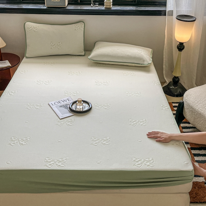 91家纺网 家纺一手货源 找家纺 悦织湾家纺 2026新款提花凉豆豆凉席三件套夏季3D豆豆席冰爽席子床笠款蝴蝶结小熊系列 蝴蝶结绿