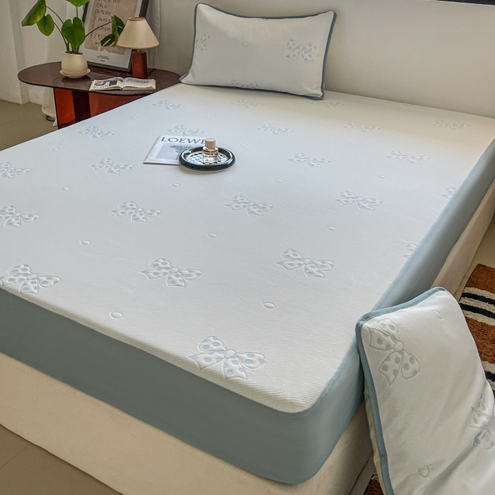 91家纺网 家纺一手货源 找家纺 悦织湾家纺 2026新款提花凉豆豆凉席三件套夏季3D豆豆席冰爽席子床笠款蝴蝶结小熊系列 蝴蝶结蓝