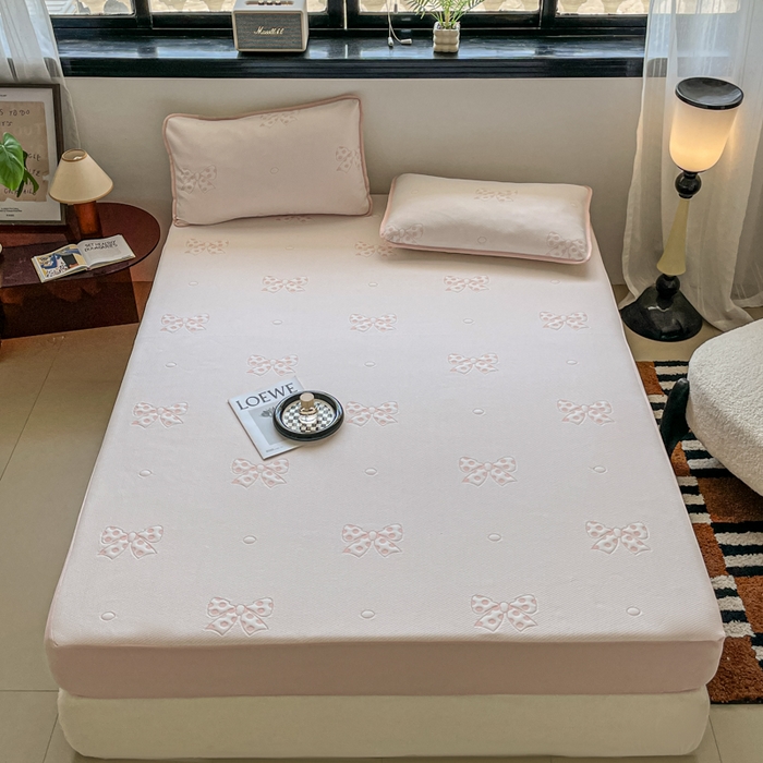 悦织湾家纺 2026新款提花凉豆豆凉席三件套夏季3D豆豆席冰爽席子床笠款蝴蝶结小熊系列 蝴蝶结粉