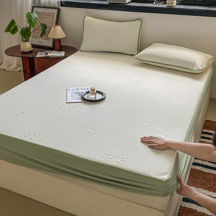 91家纺网 家纺一手货源 找家纺 悦织湾家纺 2026新款提花凉豆豆凉席三件套夏季3D豆豆席冰爽席子床笠款蝴蝶结小熊系列 蝴蝶结绿