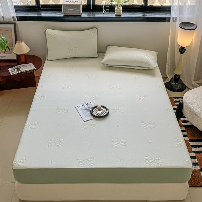 悦织湾家纺 2026新款提花凉豆豆凉席三件套夏季3D豆豆席冰爽席子床笠款蝴蝶结小熊系列 蝴蝶结绿