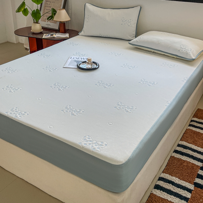 91家纺网 家纺一手货源 找家纺 悦织湾家纺 2026新款提花凉豆豆凉席三件套夏季3D豆豆席冰爽席子床笠款蝴蝶结小熊系列 蝴蝶结蓝