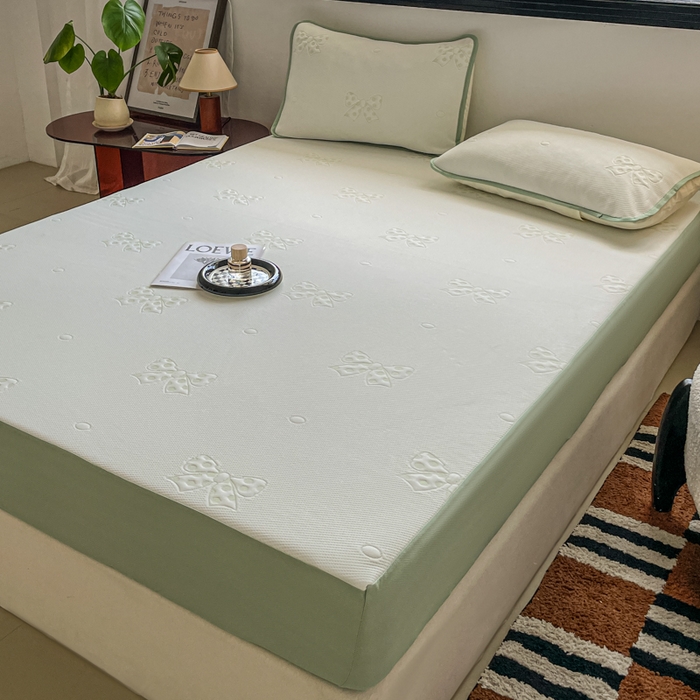 91家纺网 家纺一手货源 找家纺 悦织湾家纺 2026新款提花凉豆豆凉席三件套夏季3D豆豆席冰爽席子床笠款蝴蝶结小熊系列 蝴蝶结绿