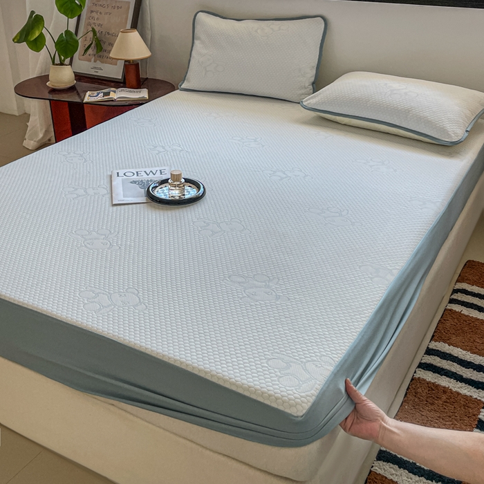 91家纺网 家纺一手货源 找家纺 悦织湾家纺 2026新款提花凉豆豆凉席三件套夏季3D豆豆席冰爽席子床笠款蝴蝶结小熊系列 暴力熊蓝