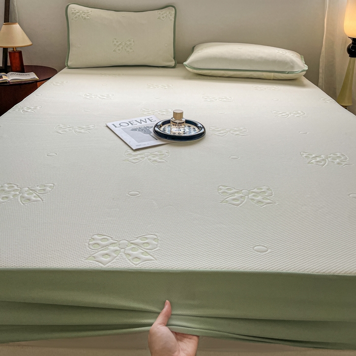 91家纺网 家纺一手货源 找家纺 悦织湾家纺 2026新款提花凉豆豆凉席三件套夏季3D豆豆席冰爽席子床笠款蝴蝶结小熊系列 蝴蝶结绿