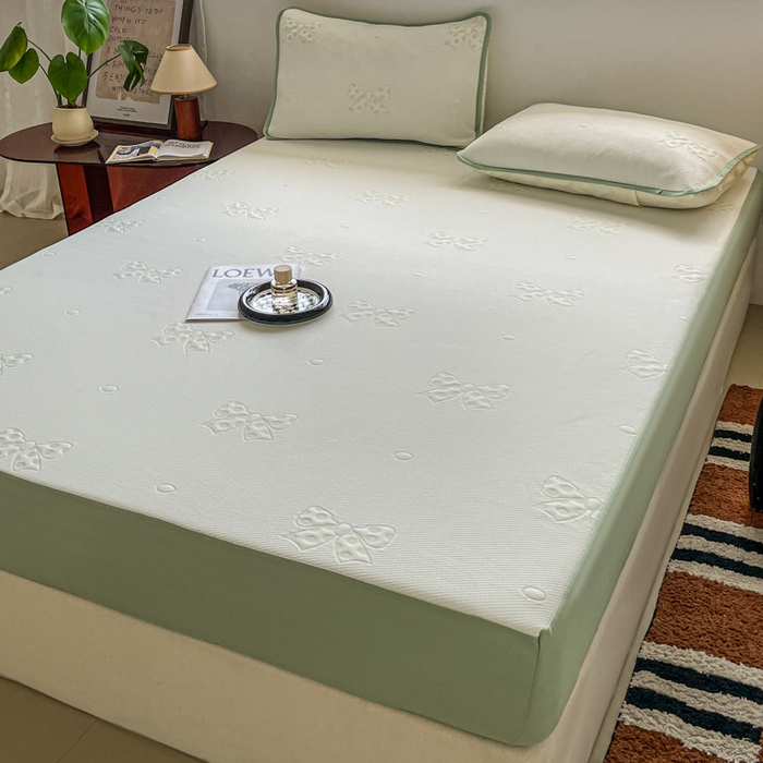 91家纺网 家纺一手货源 找家纺 悦织湾家纺 2026新款提花凉豆豆凉席三件套夏季3D豆豆席冰爽席子床笠款蝴蝶结小熊系列 蝴蝶结绿