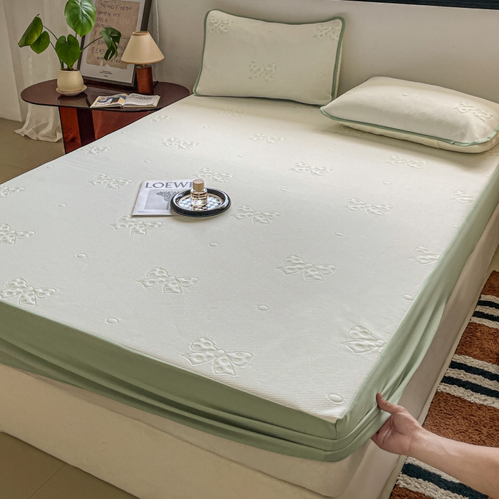 91家纺网 家纺一手货源 找家纺 悦织湾家纺 2026新款提花凉豆豆凉席三件套夏季3D豆豆席冰爽席子床笠款蝴蝶结小熊系列 蝴蝶结绿