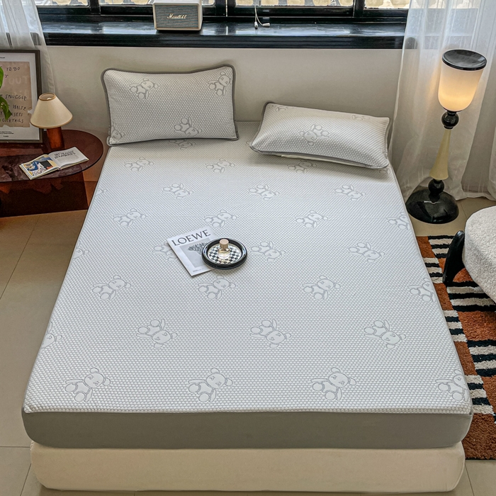 悦织湾家纺 2026新款提花凉豆豆凉席三件套夏季3D豆豆席冰爽席子床笠款蝴蝶结小熊系列 暴力熊灰