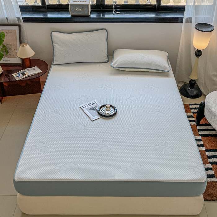 悦织湾家纺 2026新款提花凉豆豆凉席三件套夏季3D豆豆席冰爽席子床笠款蝴蝶结小熊系列 暴力熊蓝