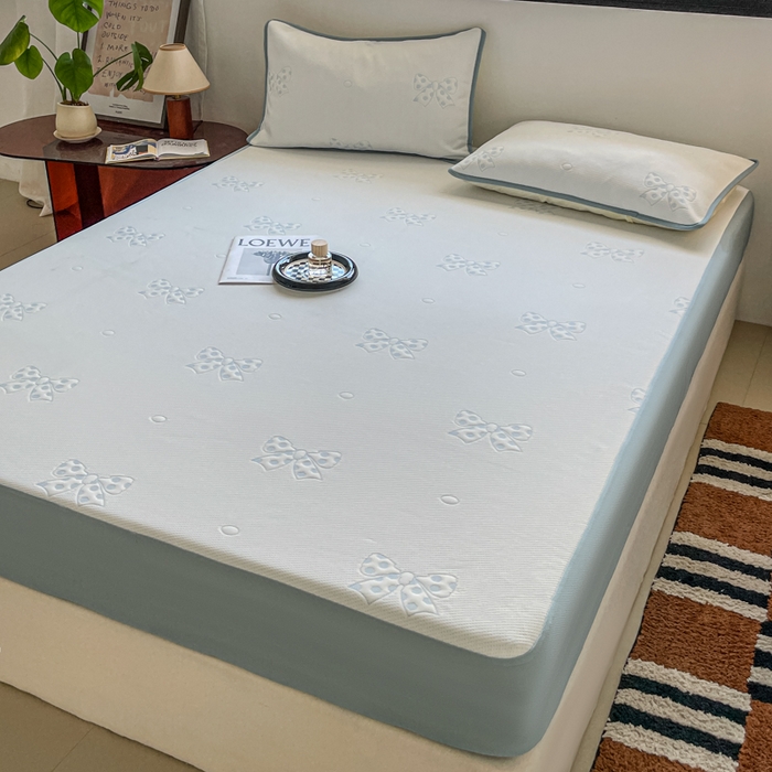 91家纺网 家纺一手货源 找家纺 悦织湾家纺 2026新款提花凉豆豆凉席三件套夏季3D豆豆席冰爽席子床笠款蝴蝶结小熊系列 蝴蝶结蓝