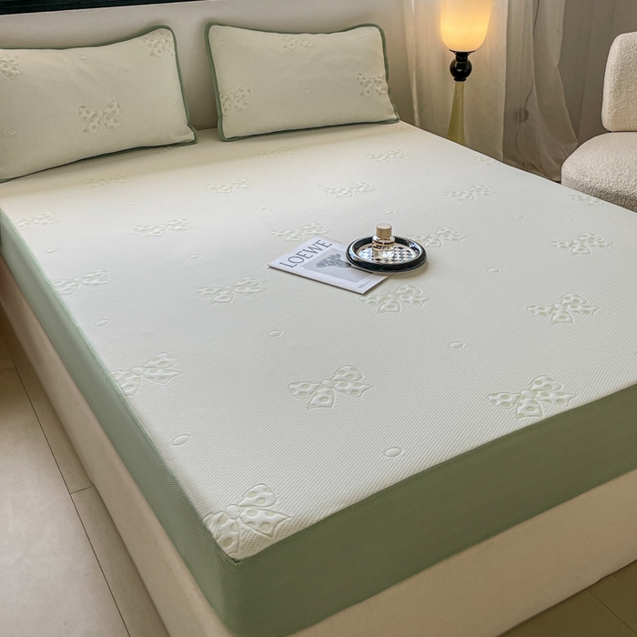 91家纺网 家纺一手货源 找家纺 悦织湾家纺 2026新款提花凉豆豆凉席三件套夏季3D豆豆席冰爽席子床笠款蝴蝶结小熊系列 蝴蝶结绿