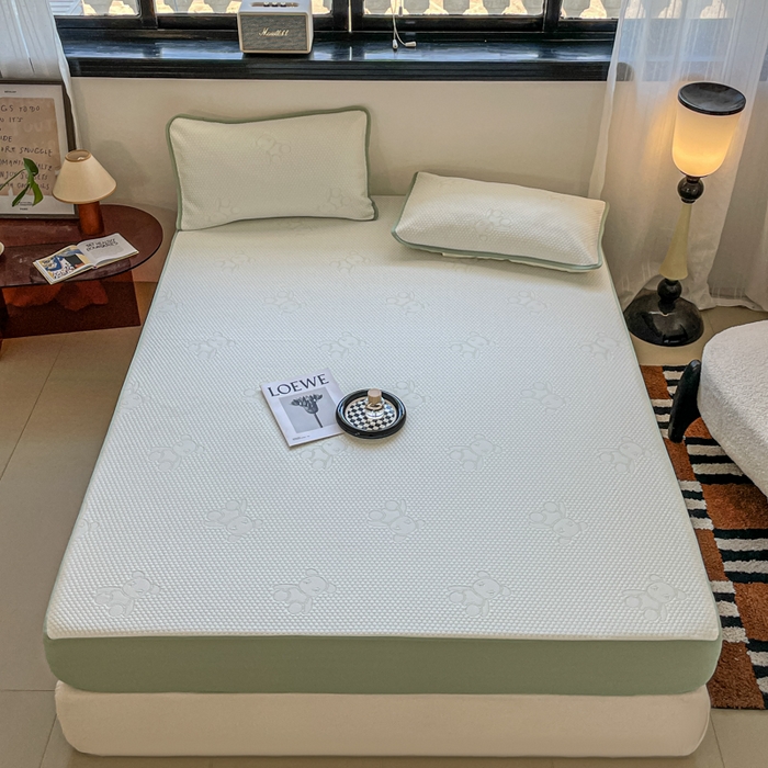 悦织湾家纺 2026新款提花凉豆豆凉席三件套夏季3D豆豆席冰爽席子床笠款蝴蝶结小熊系列 暴力熊绿