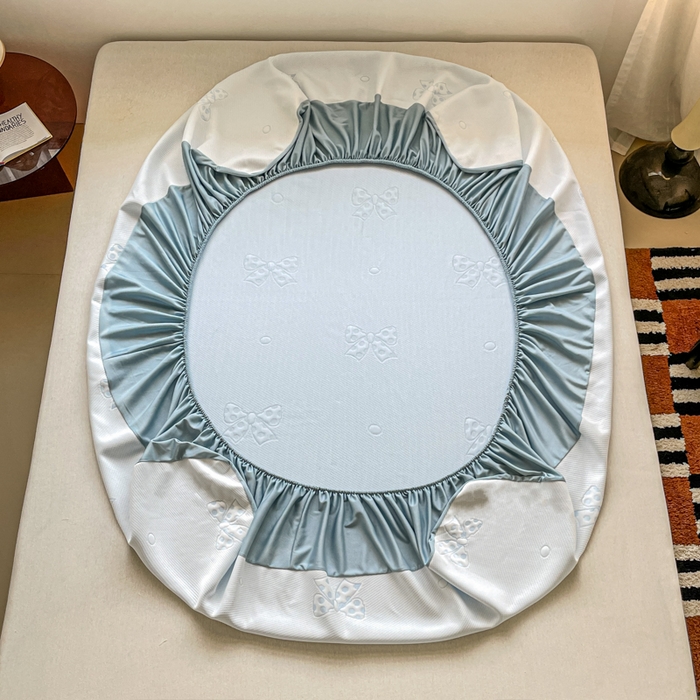 91家纺网 家纺一手货源 找家纺 悦织湾家纺 2026新款提花凉豆豆凉席三件套夏季3D豆豆席冰爽席子床笠款蝴蝶结小熊系列 蝴蝶结蓝