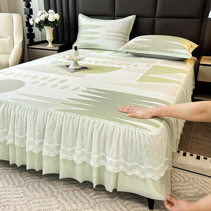 91家纺网 家纺一手货源 找家纺 （总）雅诗帛 2026新款凉感丝PE凉感床裙款凉席三件套-几何系列